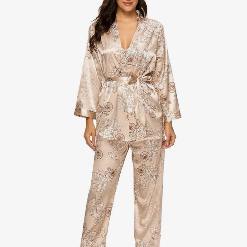 3 Piece Satin Silky Pajama Set - Champagne - Robe, Tank Top, Pants Womens M